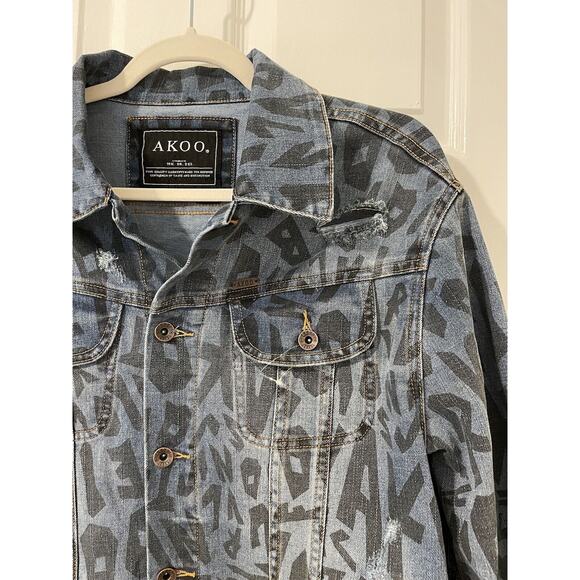 AKOO Men’s Size M Denim Jean Jacket Distressed Streetwear Urban Style - Picture 5 of 15